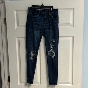 American Eagle Outfitters Women's Distressed Dark Blue Super Skinny Jeans